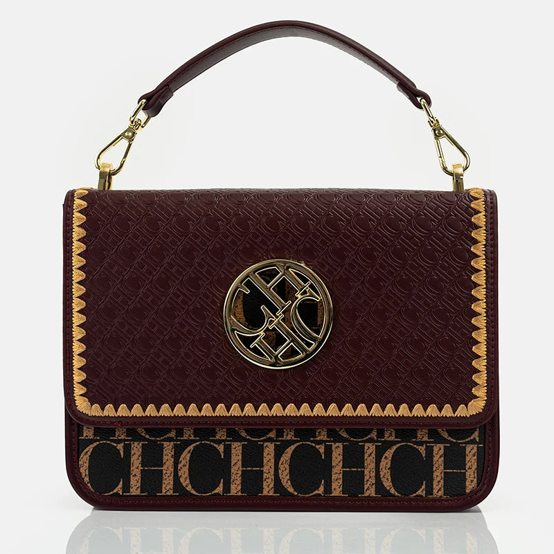 Letter-Embossed PVC Shoulder Bag Gold Medallion — Black | KIMLUD