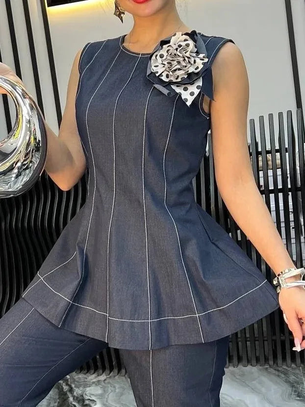Krisstarsgirl 2025 Trendy Denim Blouse Office Lady Elegant Autumn Back Ziper 3D Flowers Woman Chic Summer Tops Sleeveless Vest
