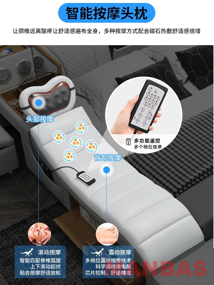 Genuine Leather Bed With Projector USB Speaker — White | KIMLUD