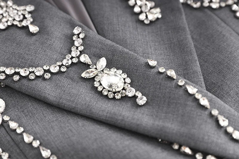 Gray Blazer Handmade Crystal Inlaid Diamond Long Blazer Dress Jacket Double Breasted Button Blazer Suit Outfit Women - KIMLUD