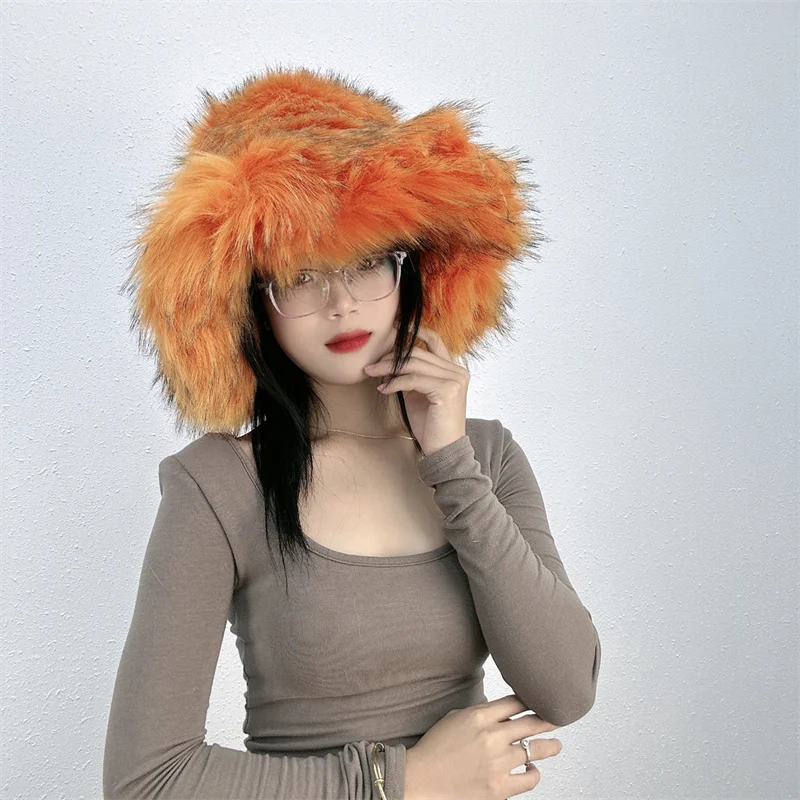 Winter Women Faux Fur Bucket Hat Warm Raccoon Fur Hat Oversize Outdoor Punk Hat Girl Fashion Long Fur Bucket Hat Furry Cute Cap - KIMLUD