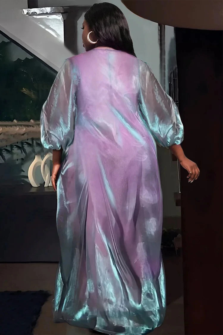 Plus Size Semi Formal Dress Green Glitter Long Sleeve V Neck Lantern Sleeve Maxi Dress Party Long Dress - KIMLUD