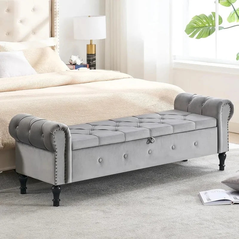Velvet Tufted Storage Bench, 67" Bedroom End of Bed Bench, King Size with Rolled Arms, Button Ottoman Bench