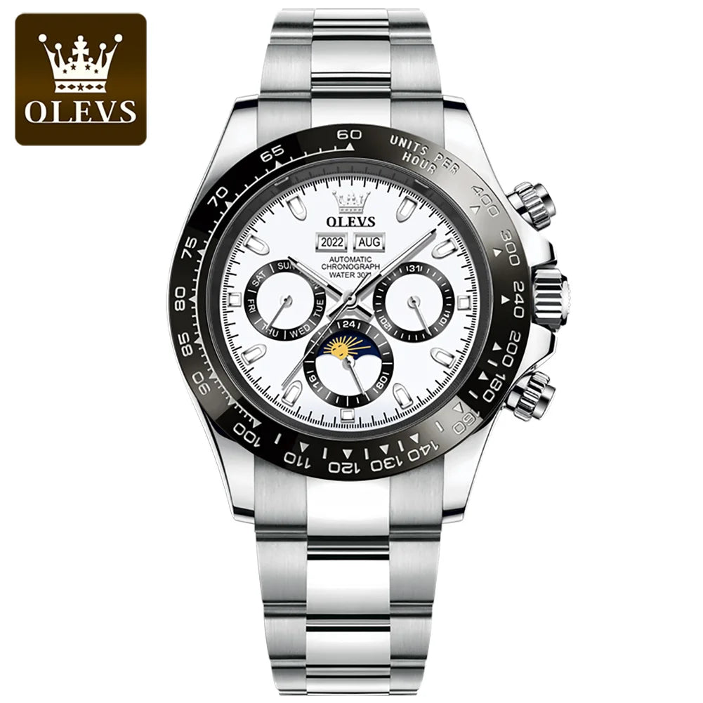 OLEVS 6654 Automatic Watches Waterproof Stainless Steel Luminous Moon Phase Dual Calendar Luxury Brand Mechanical Watch for Men