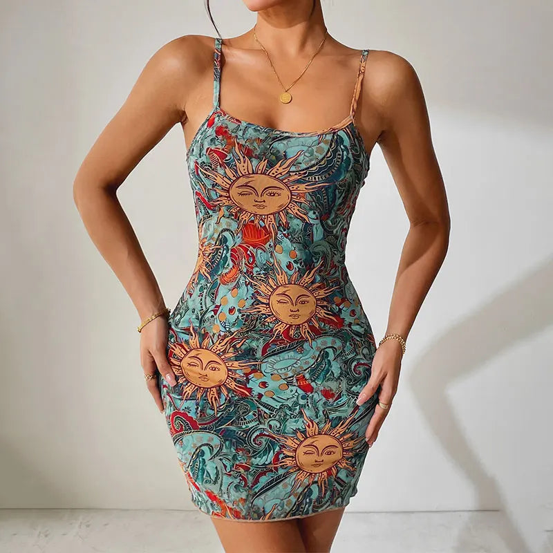 Sun-Print Knit Mini Dress Backless — Teal | KIMLUD