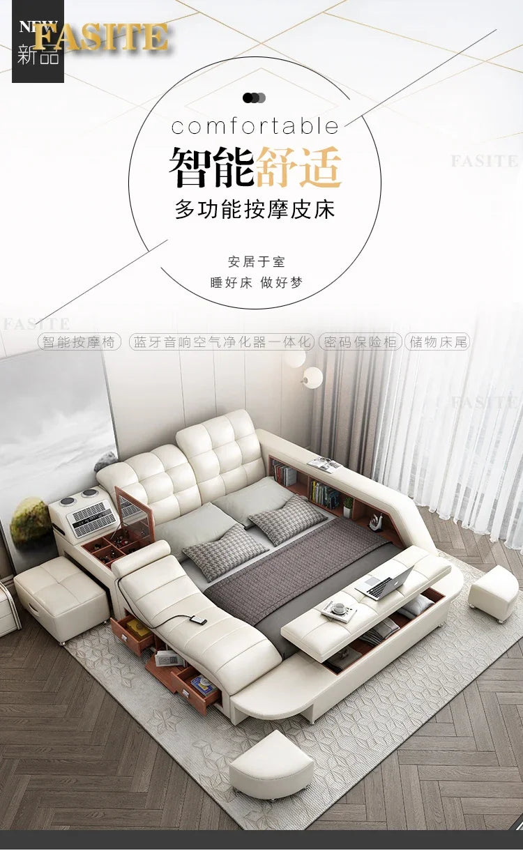 Genuine Leather Bed Tech Smart Multifunctional Massage, Bluetooth Speaker, Air Cleaner — White | KIMLUD