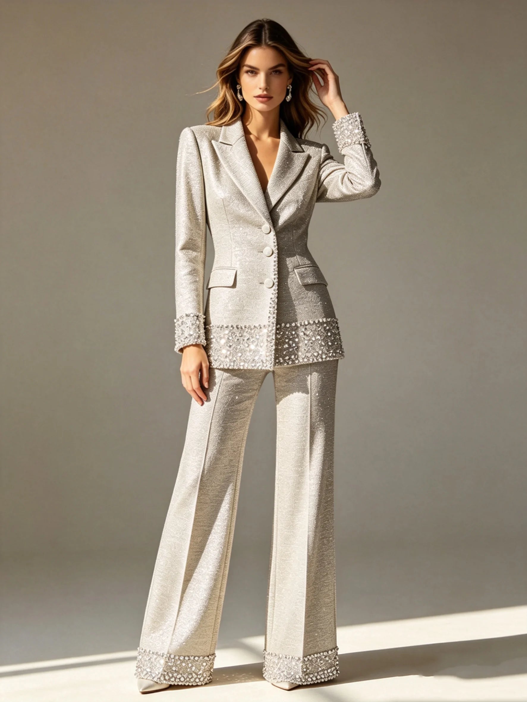 Crystal Embellished Pearl Suit Set — Champagne | KIMLUD