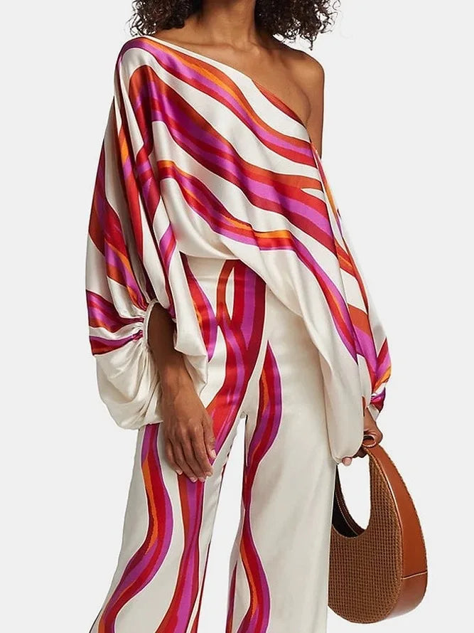 Satin Print Pajama Set Off-Shoulder Slash-Neck Top Long Pants — White | KIMLUD
