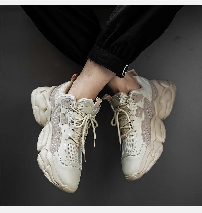 Leather Luxury Sneakers Premium Designer Style Breathable Casual Shoes — Beige | KIMLUD