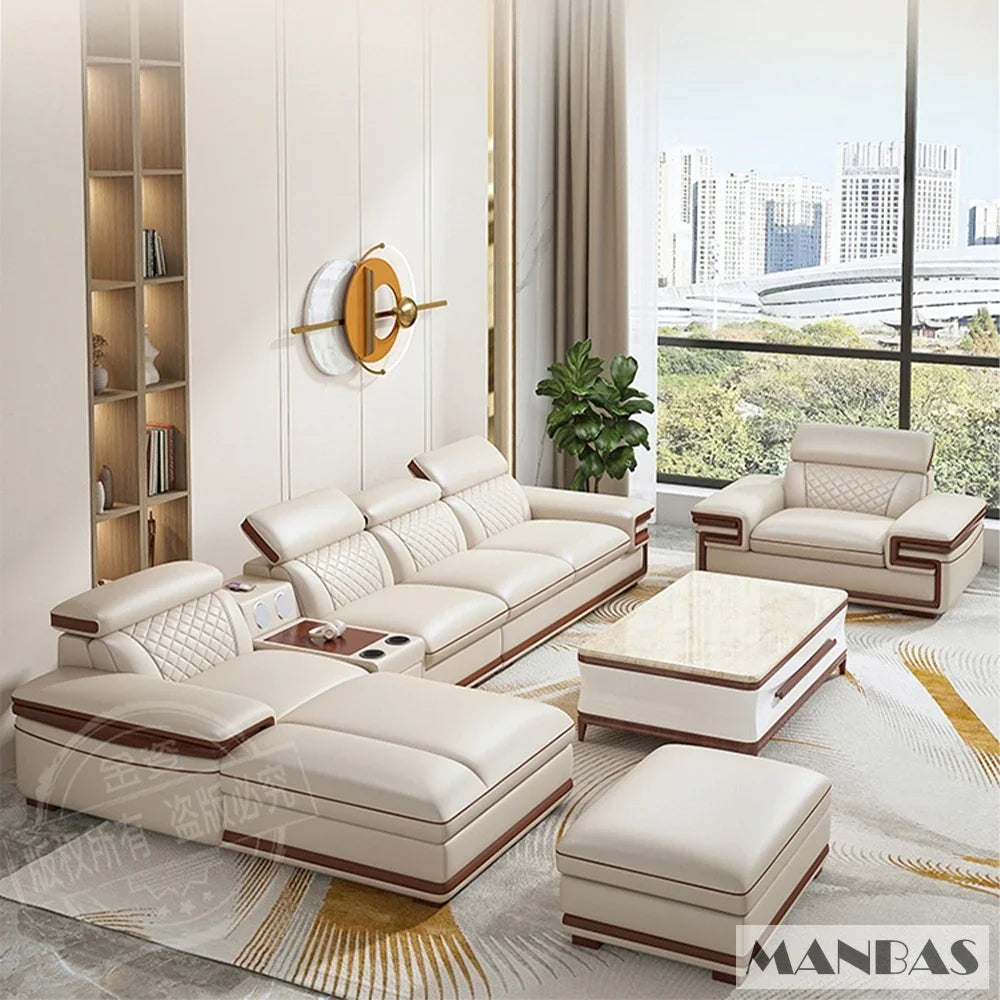 Genuine Italian Leather Sofa Set With Adjustable Headrests — Ivory | KIMLUD