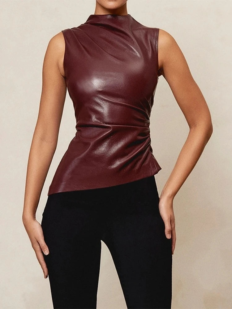 Women Y2K Vintage PU Simple Basic Tank Top High Waist Skinny Shrunk Slash Cut Sleeveless Tops Versatile Noble Shirts
