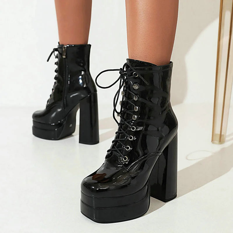 2022 Winter Women Ankle Boots Platform Square High Heel Ladies Ankle Boots Patent PU Leather Cross Tied Women's Shoes Big Size