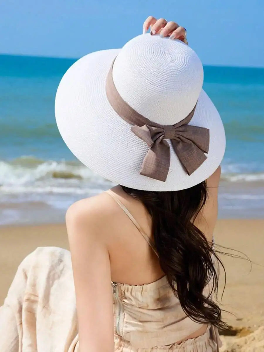 Womens Solid Color Wide Brim Straw Hat With Red Band French Elegant Casual Sun Protection Hat For Beach Vacation Travel