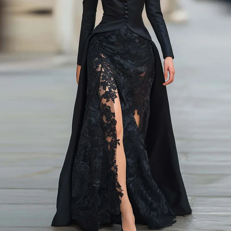 Lace Patchwork Irregular Split Robe Dress Casual High Waist Solid Color Maxi Dress Fashion Autumn Lapel Long Sleeved Party Dress