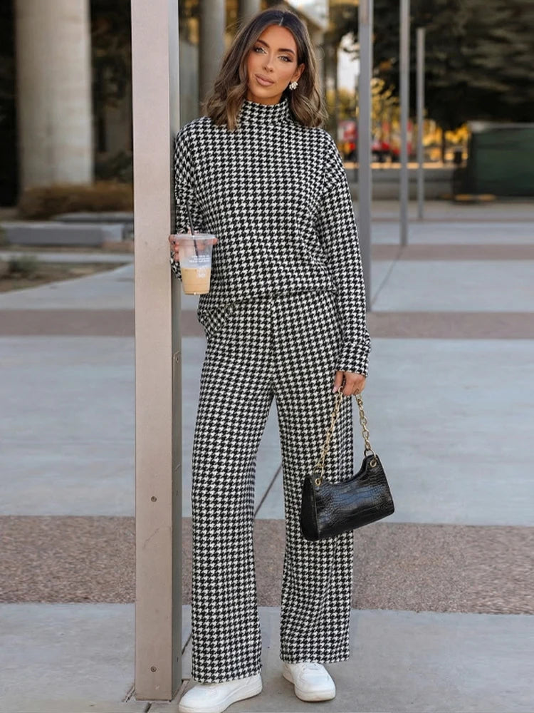 Houndstooth Half High Neck Top Pant Suit Women Color Blocking Full Sleeve Oversized Tops Leg Loose Pants Sets Lady Spring Set