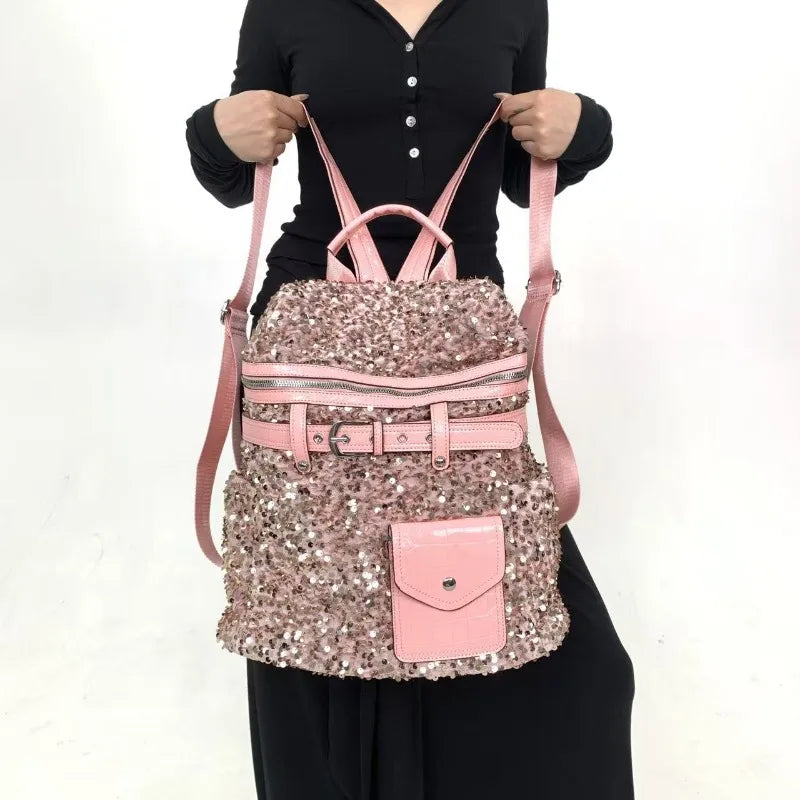 Backpack Shiny Sequin External Frame — Silver | KIMLUD