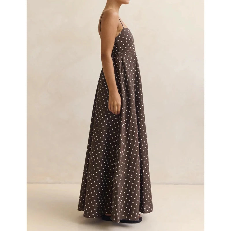 A-Line Dot Print Slip Dress Spaghetti Strap — Brown With White Dots | KIMLUD