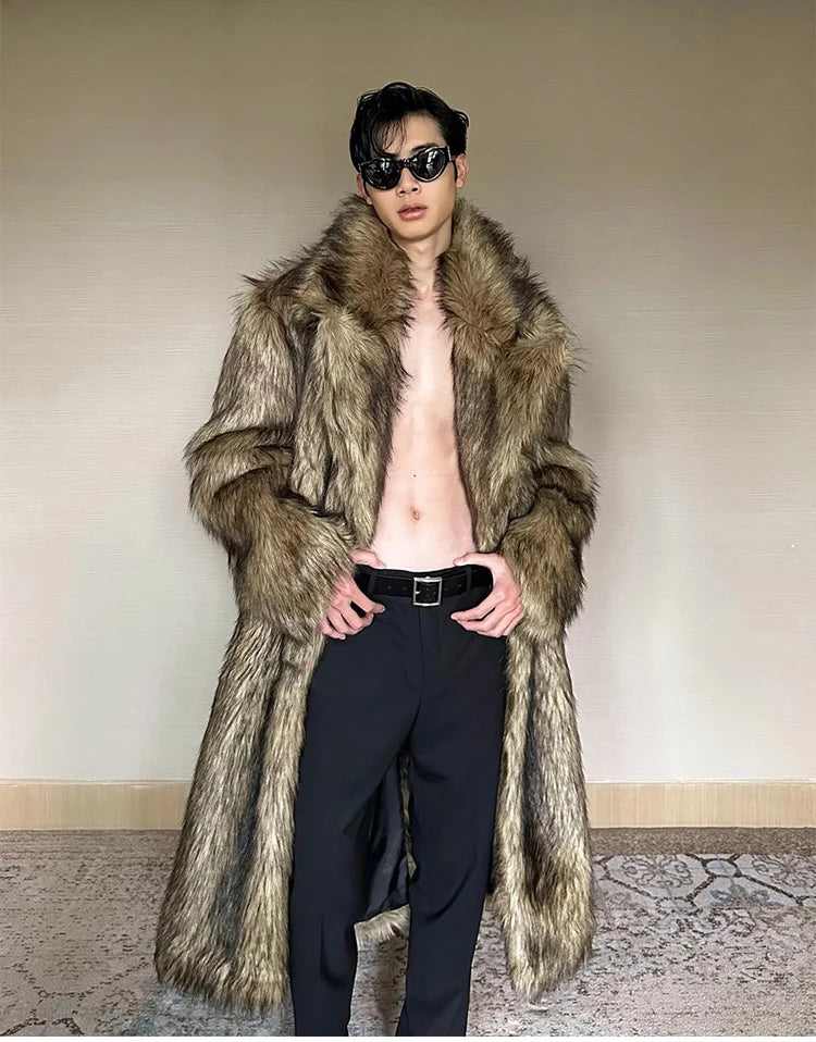 Men's Fur Coat – Lapel Long Overcoat – Wolf Fur And Fox Fur | KIMLUD