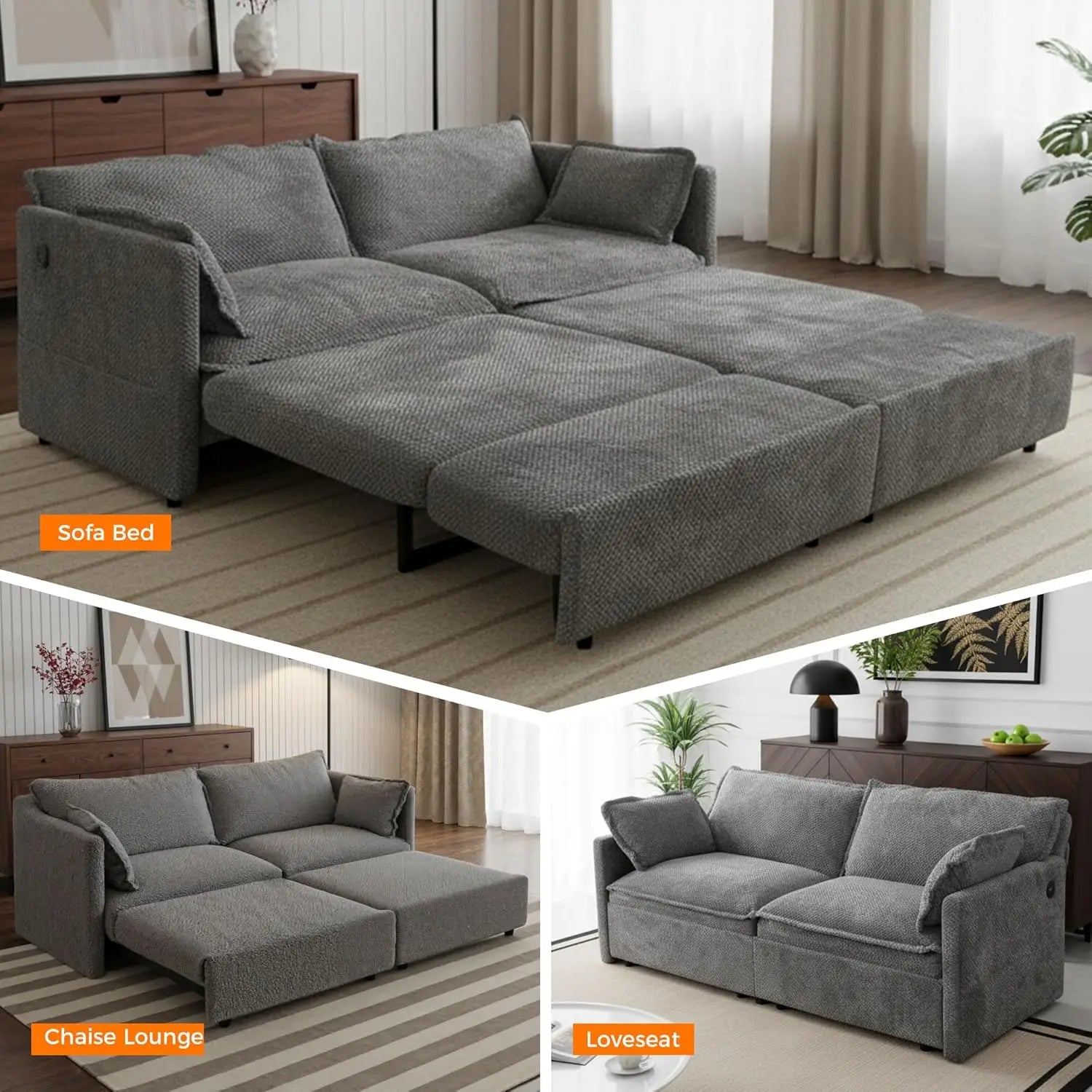 Corduroy Convertible Sofa Bed 3-in-1 — Grey | KIMLUD