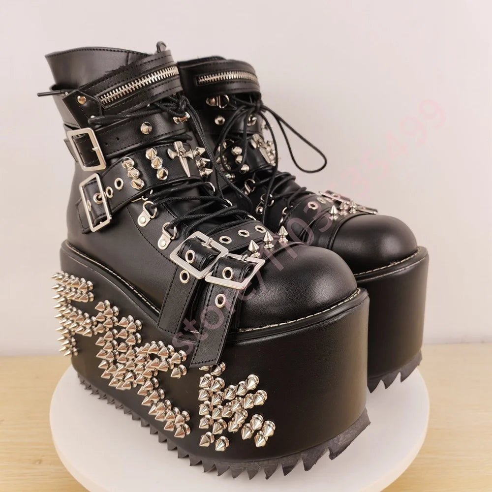 Knee-High Boots - Platform Studded - PU - Wedge Heel | KIMLUD