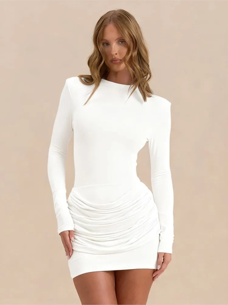 Polyester Pleated Stretch Long Sleeve Dress Gathered Hip Silhouette — Jet Black | KIMLUD