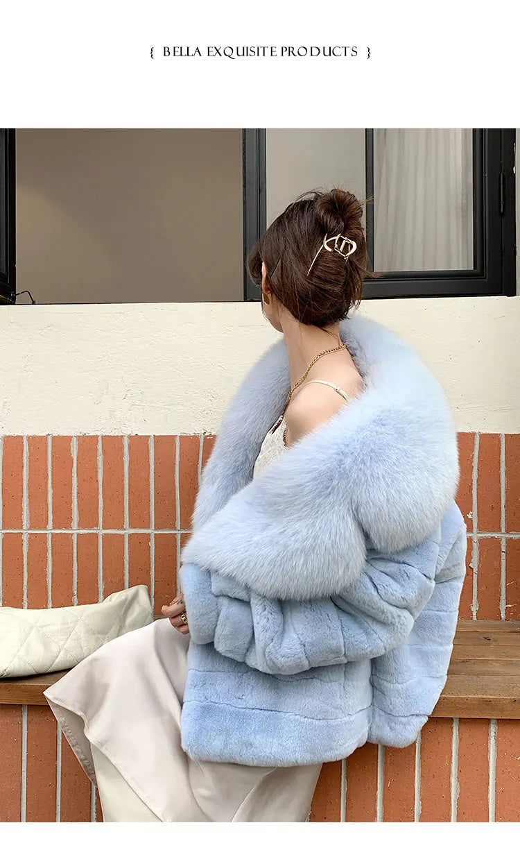 Rex Rabbit Fur Coat – Fox Fur Collar – Chinchilla Color | KIMLUD