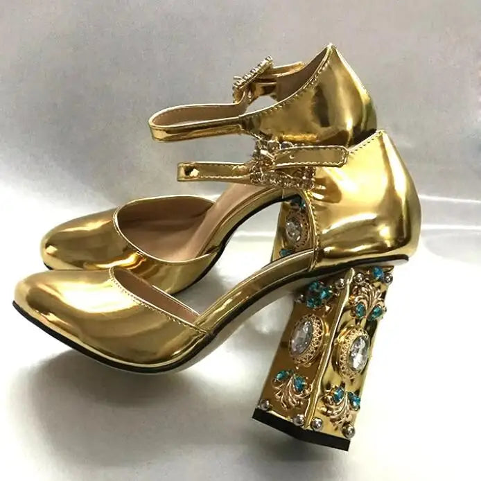 Gold Mirror Patent Leather Sandals Rhinestone Buckle Glitter Round Toe Chunky Heels — Gold | KIMLUD
