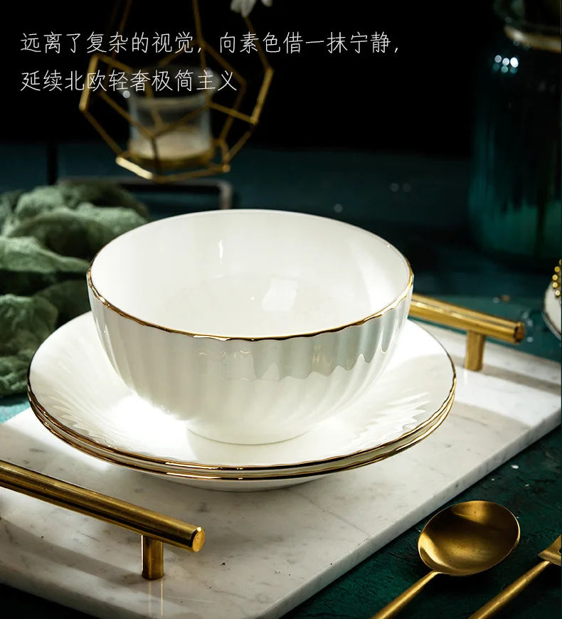 Bone China Dinnerware Set With Gold Accents — White | KIMLUD