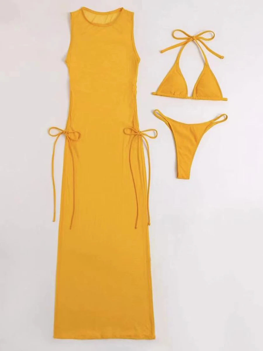 3 Pieces Thong Bikini 2023 Women With Dress String Swimwear Female Solid Swimsuit Beach Wear Bathing Swimming Suit Summer - KIMLUD