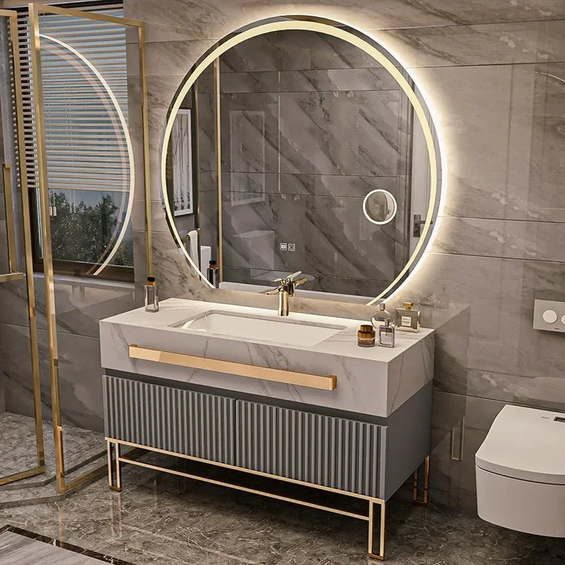 Oak Vanity Cabinet With Rock Slab LED Lighting — Grey | KIMLUD