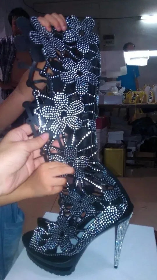 Knee-High Boots – Rhinestone Embellishment – Hollow Out – | KIMLUD