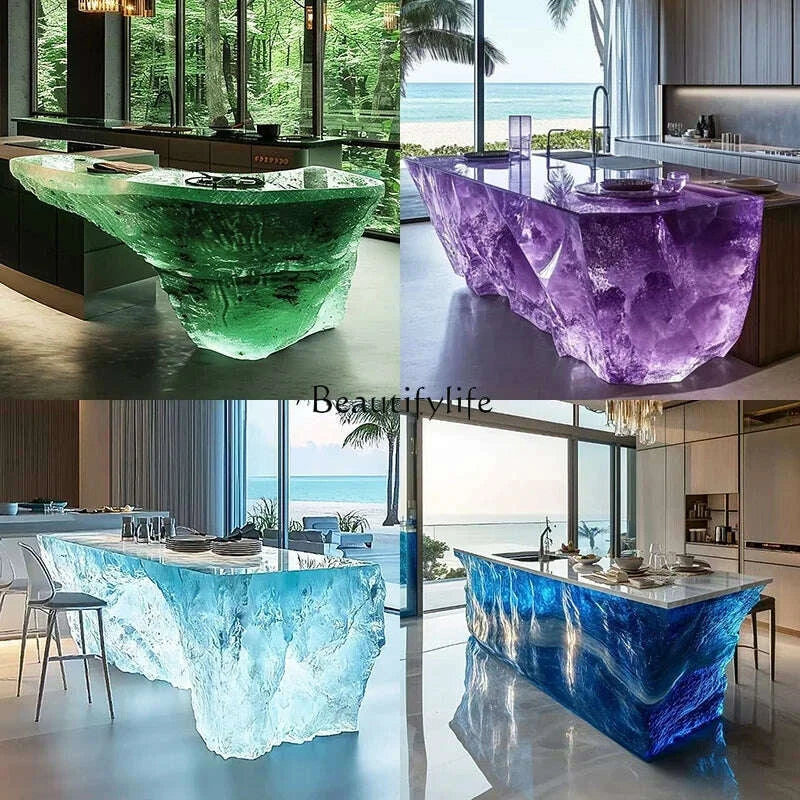 KIMLUD, Transparent Island Villa Bar Home Art High-end Resin Glacier Coffee Table, KIMLUD Womens Clothes