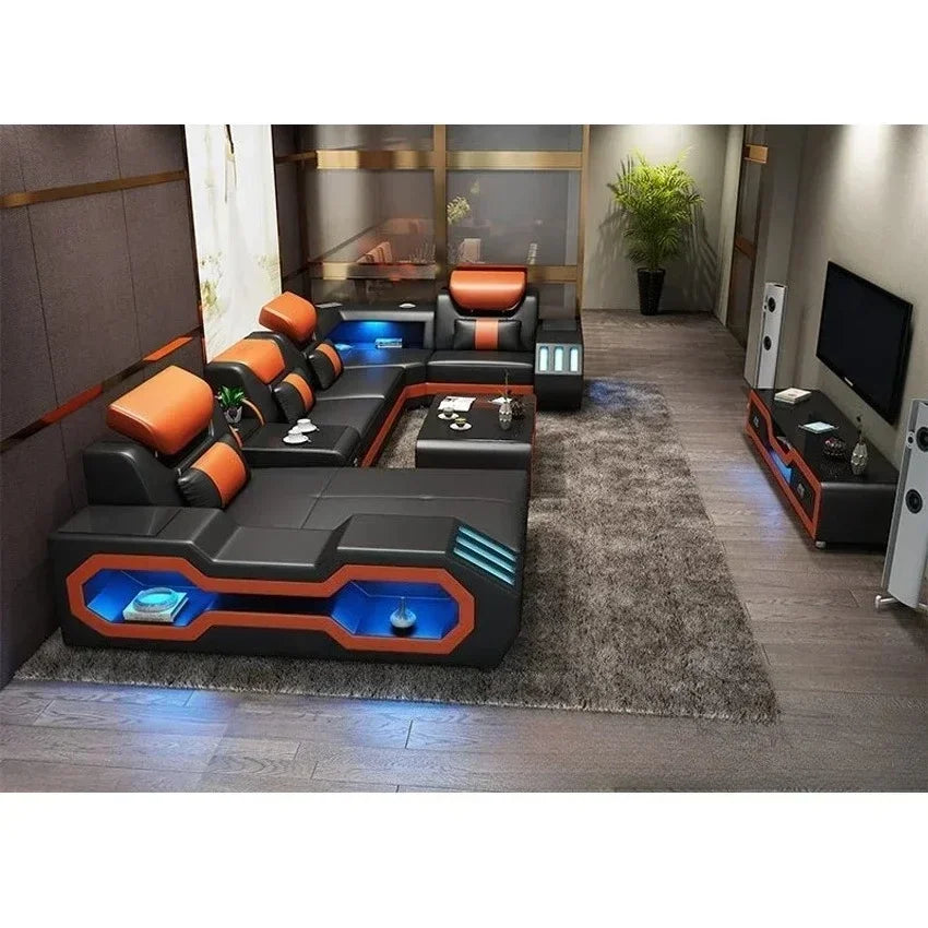 Modern LED Lighted Sofa Set with Recliner, Adjustable Headrest & Console | Luxury Leather Sectional Couch | Futuristic Furniture