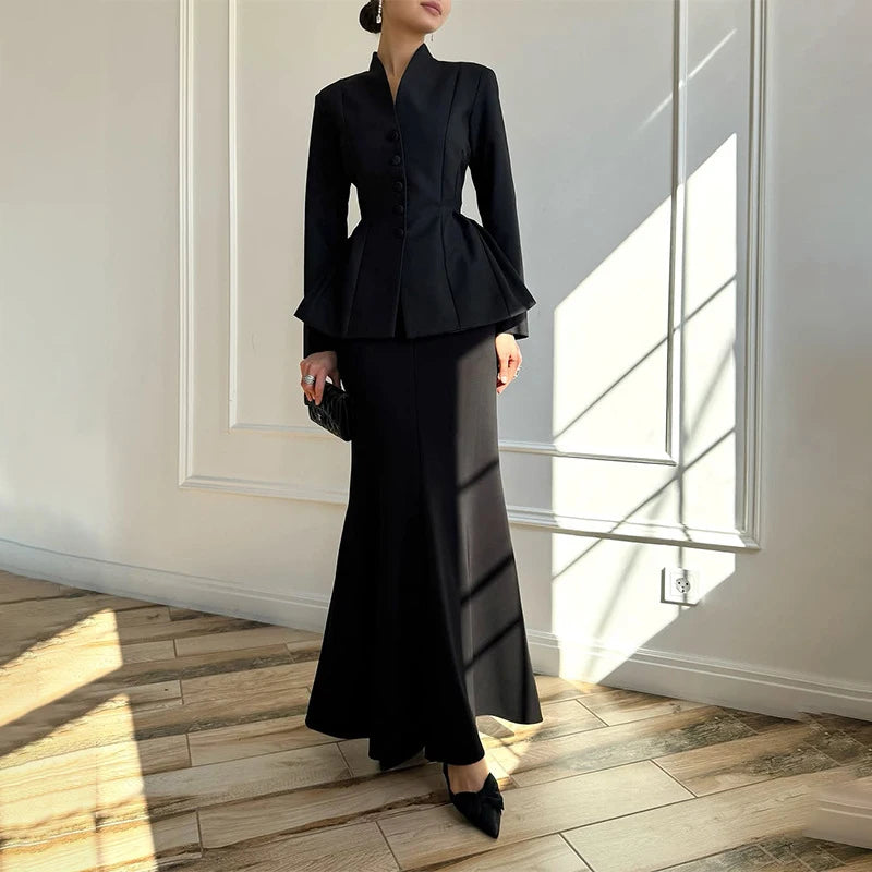 Solid Stand Collar Women Blazer Set Hip Package Slim Lady Long Skirts Sets 2025 Elegant Office Single-breasted Female Coat Suit