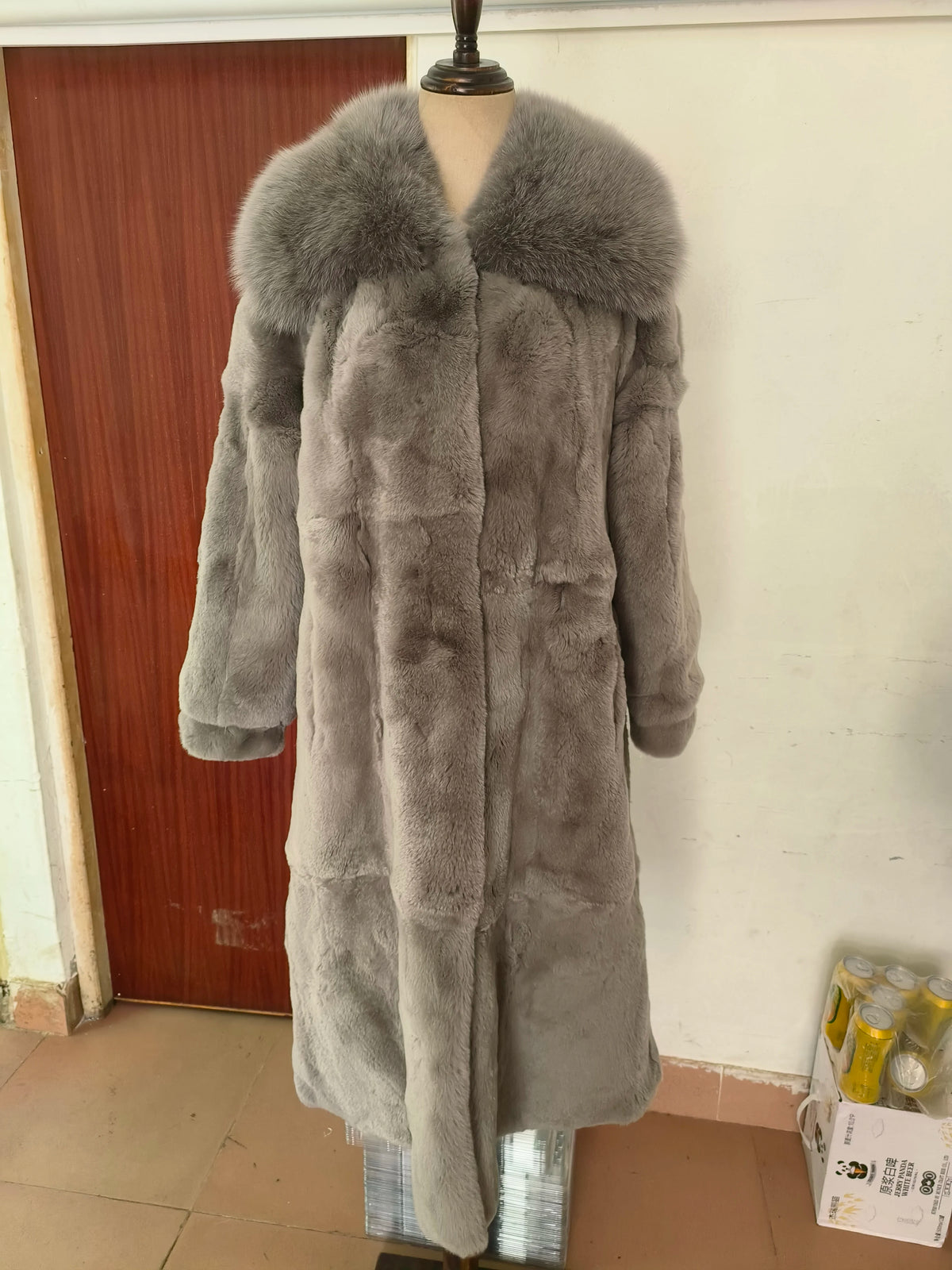 Rabbit Fur Coat – X-Long Rex Rabbit Fur – Fox Fur Collar | KIMLUD