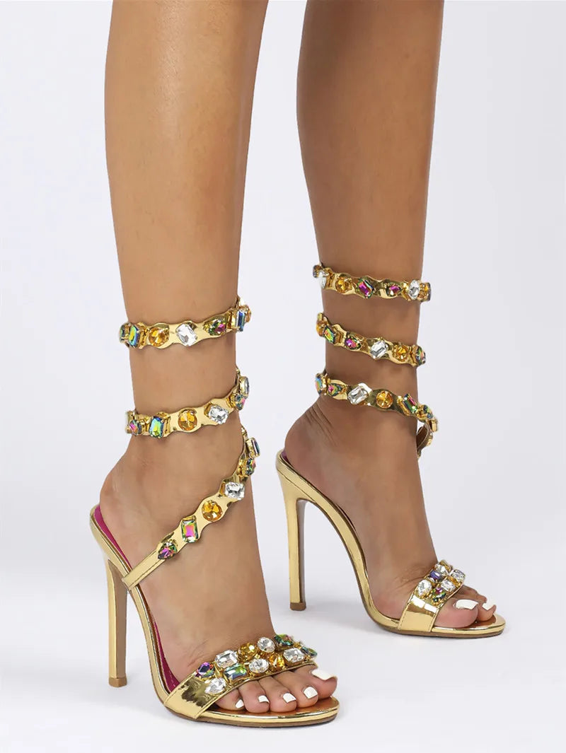 Wraparound Gladiator Sandals Crystal Embellished — Gold | KIMLUD