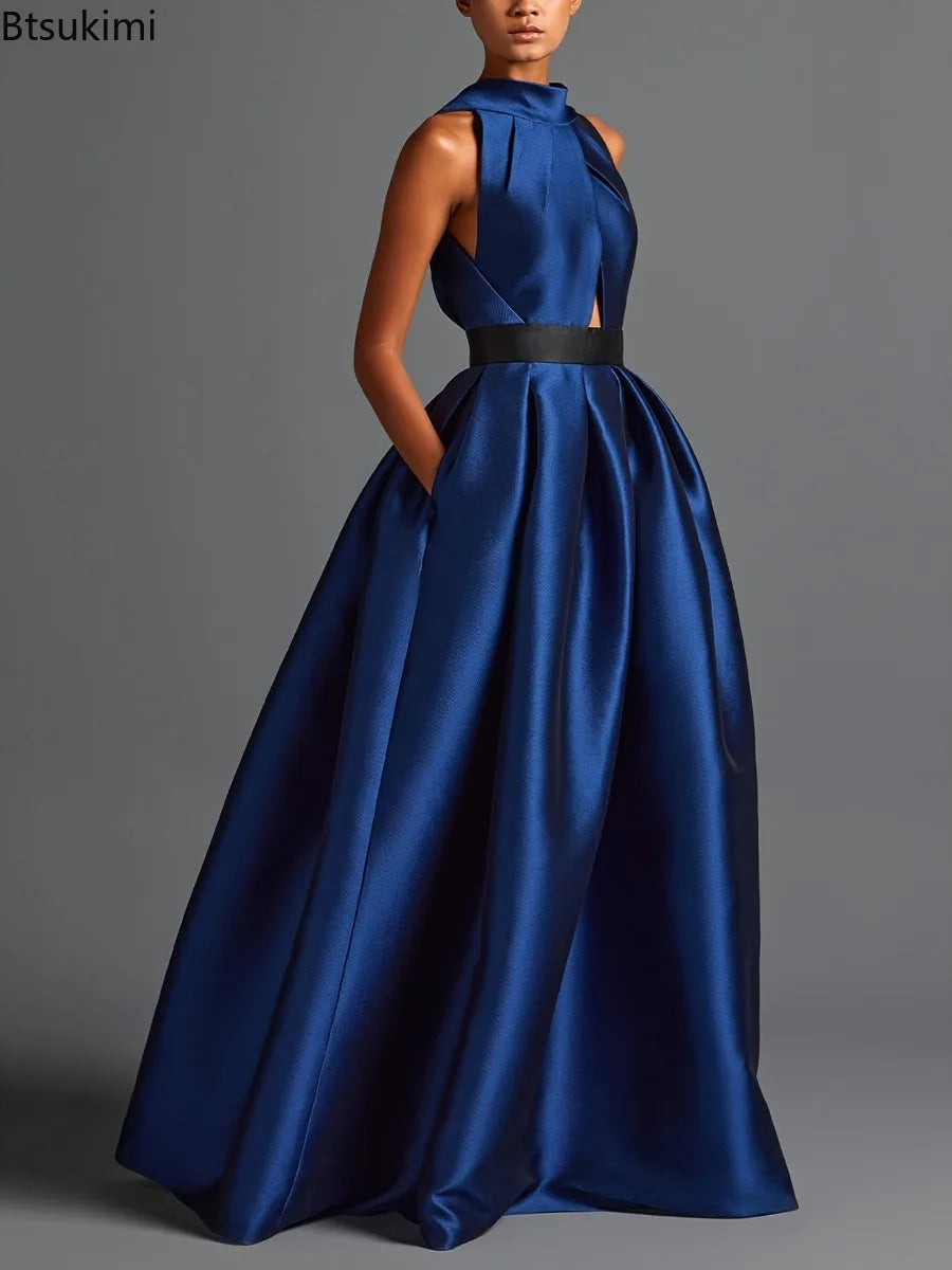 Satin Halter Draped Evening Dress — Dark Blue | KIMLUD