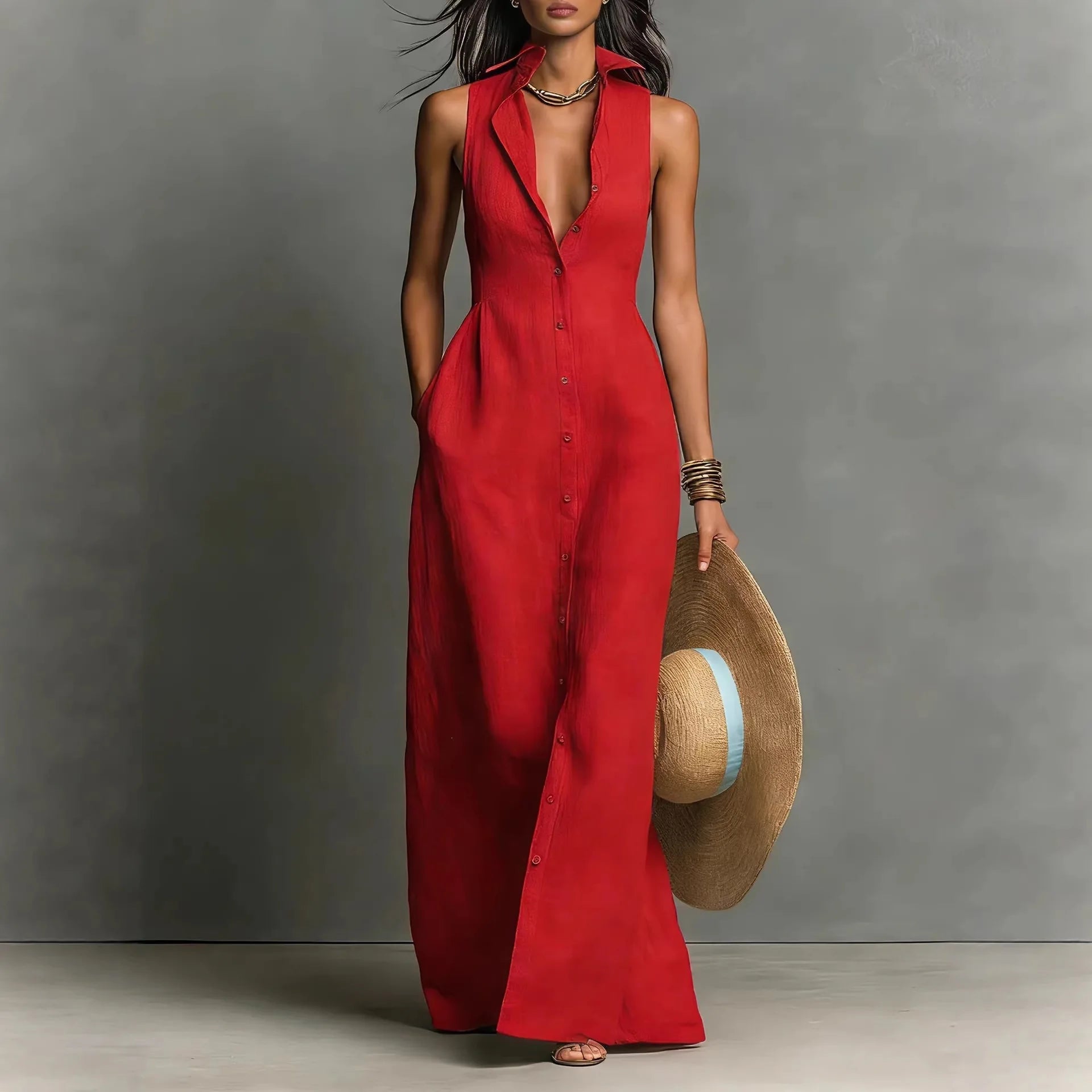 Maxi Dress – Sleeveless Deep V Neck Button Down – Polyester | KIMLUD