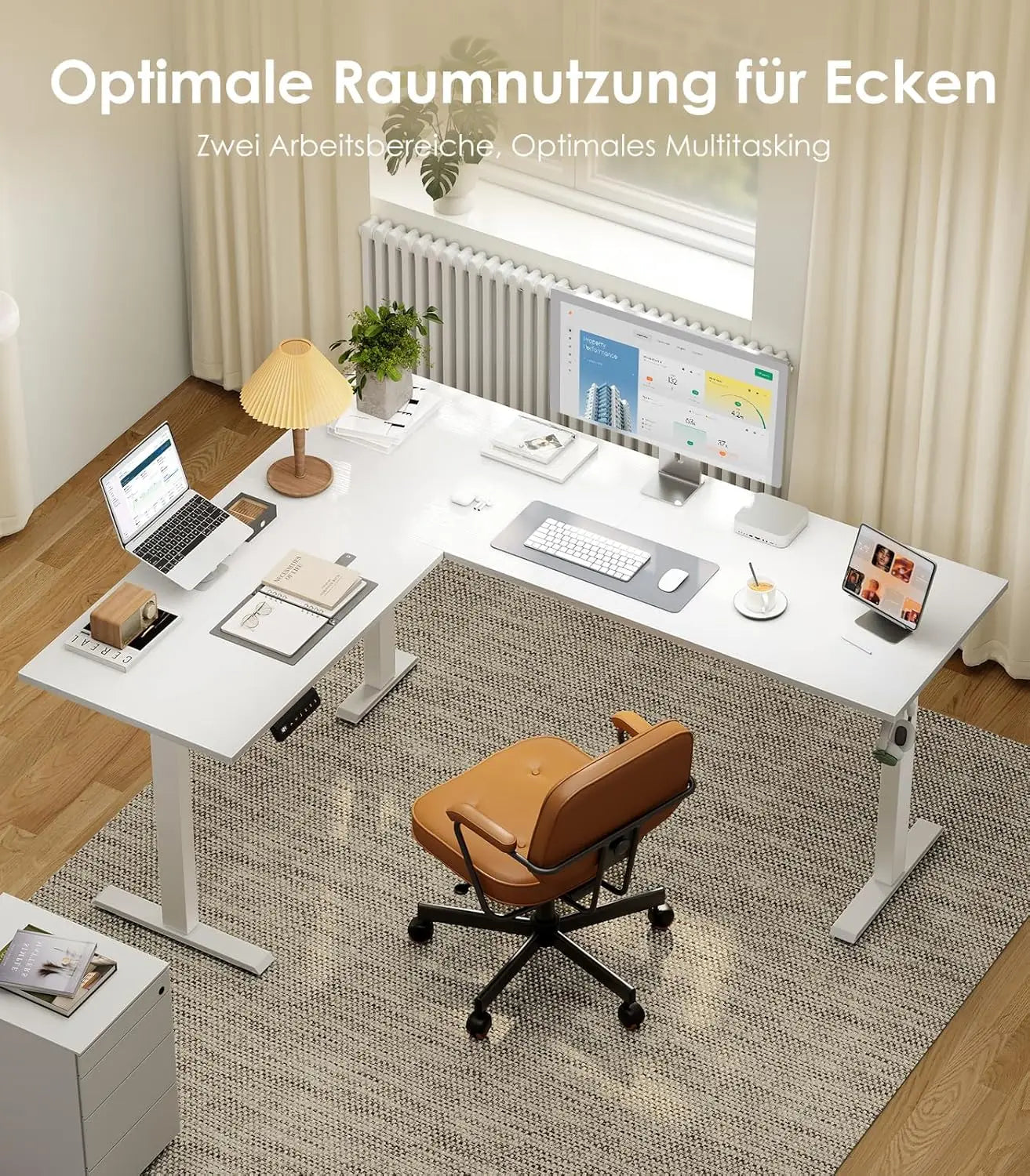 OffiGo L-Shaped Height Adjustable desk 180x140 cm desk Height Adjustable Electric White