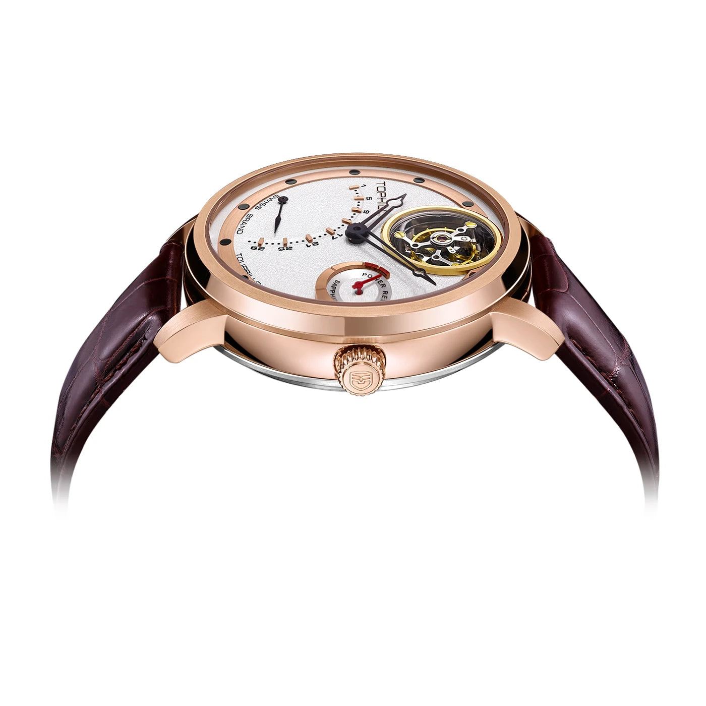 Tourbillon Wristwatch Rose-Gold Tone Case Leather Strap — Burgundy | KIMLUD