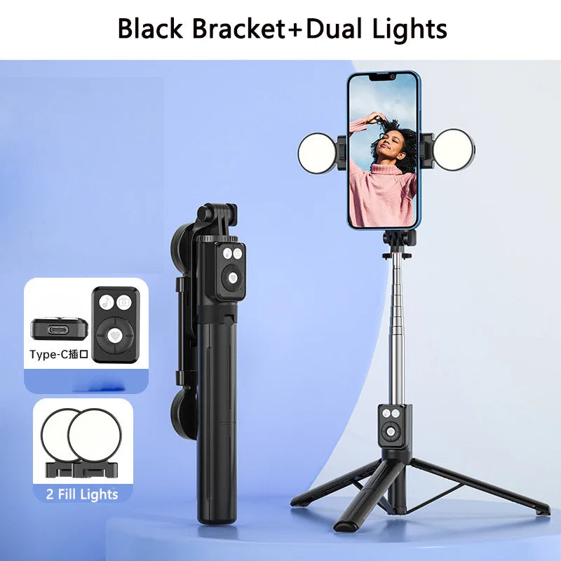 Bluetooth Wireless Selfie Stick Portable Dual Fill Light with Tripod Telescoping Bracket for iPhone Xiaomi Makeup Live Streaming