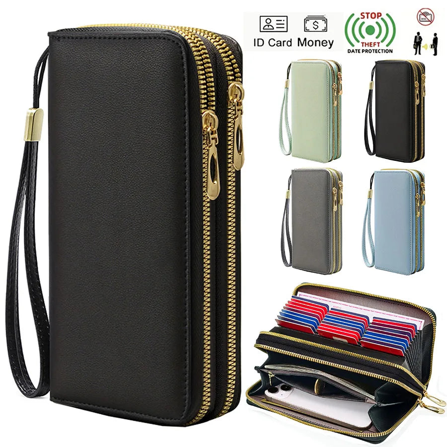 PU Leather RFID Anti-Theft Long Wallet Dual Zippers — Black | KIMLUD