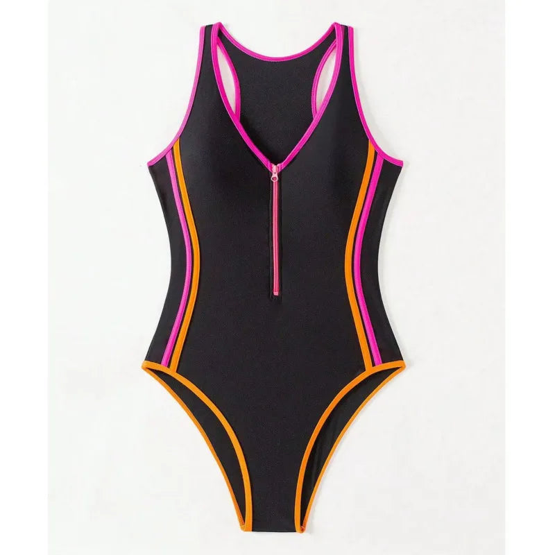 Sculpted One Piece Swimsuit With Neon Pink Zipper And Citrus Piping Details In Matte Polyamide — Black | KIMLUD