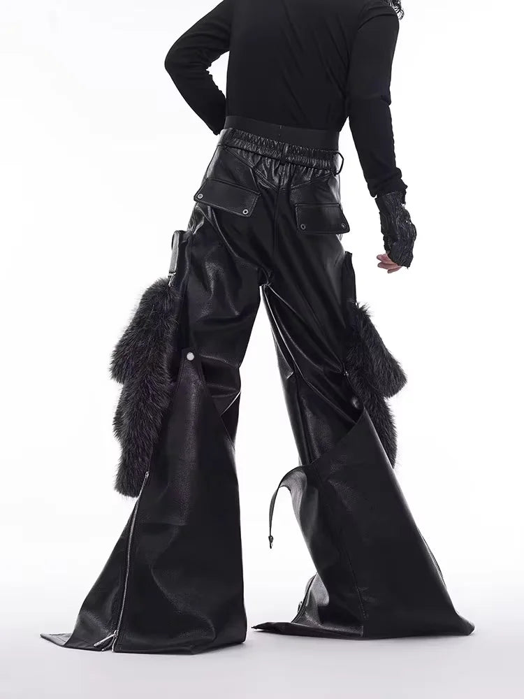 PU Leather Wide-Leg Baggy Cargo Pants — Black | KIMLUD