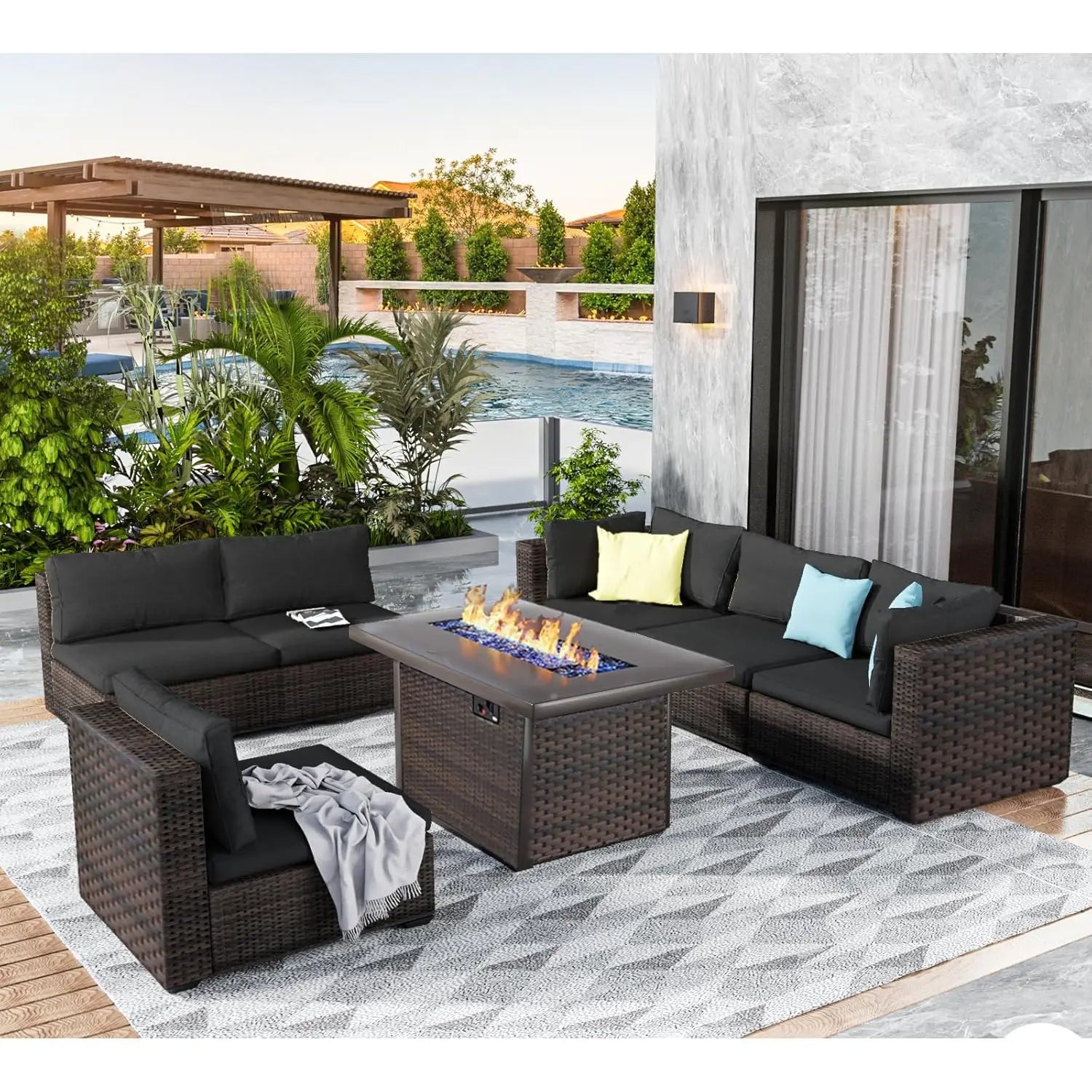 7 Pieces Outdoor Sectional Patio Furniture Set with Fire Pit Table PE Rattan Wicker Patio Sectional Conversation, Customized