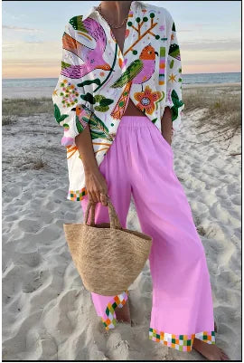 Two Piece Set – Casual Printed – Wide Leg Pants | KIMLUD