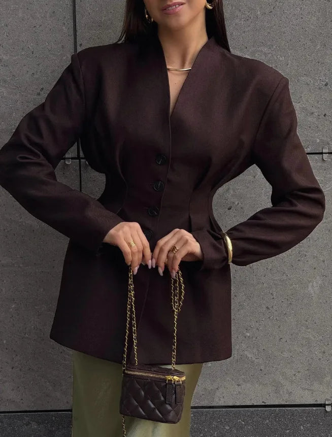 Talenza Women Fashion Blazer Vintage Single Breasted V-Neck Long Sleeve Jacket Casual Office Solid High Street Chic Women Blazer