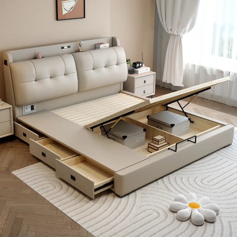 Minimalist Upholstered Bed Frame With Storage — Cream Beige | KIMLUD