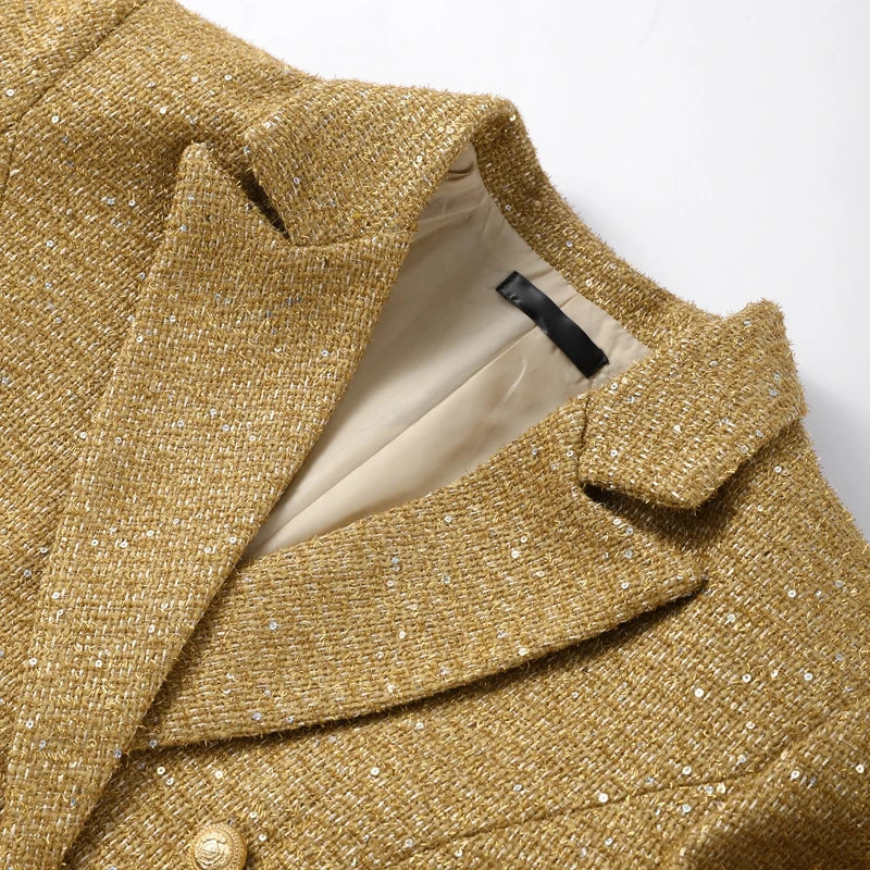 Elegant V-neck Sequin Blazer Women Double Breasted Full Sleeves Solid Slim Jackets Lady 2025 Autumn Formal Female Outwears New