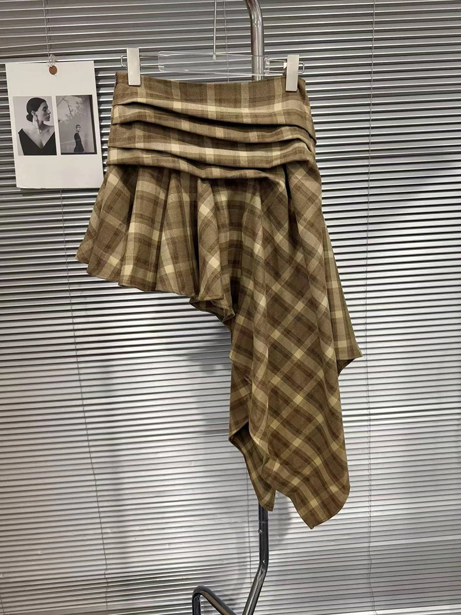 Skirt – Asymmetric Wrap Ruched Waist – Polyester – Plaid | KIMLUD
